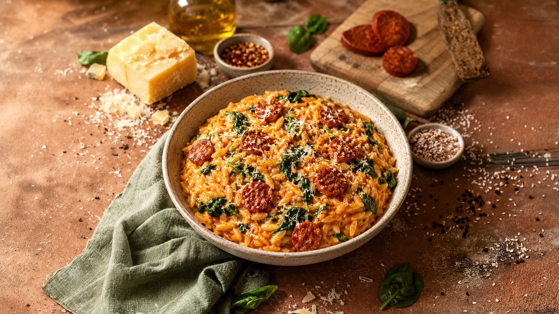 Orzo crémeux au chorizo et épinards