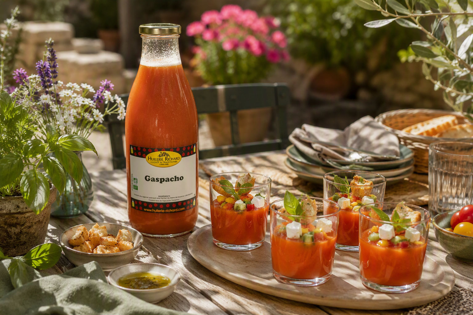 Verrines de gaspacho, feta marinée et croûtons aux herbes de Provence