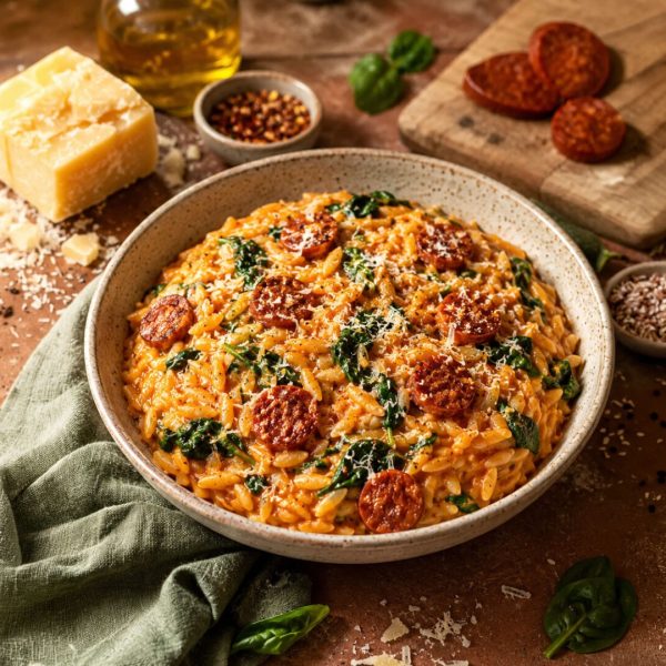 Orzo crémeux au chorizo et épinards