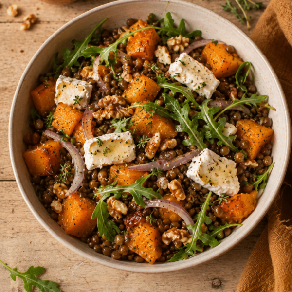 Salade tiède aux lentilles et courge rôtie