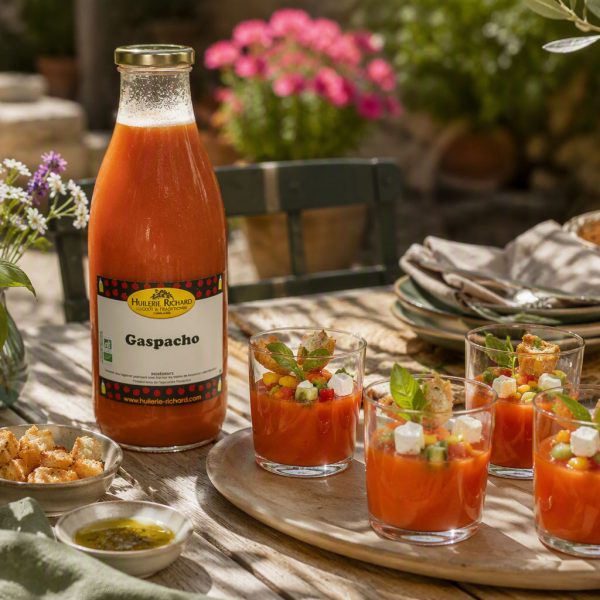 Verrines de gaspacho, feta marinée et croûtons aux herbes de Provence