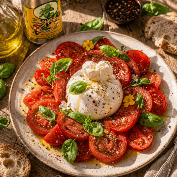 Burrata aux tomates anciennes à l’huile d’olive