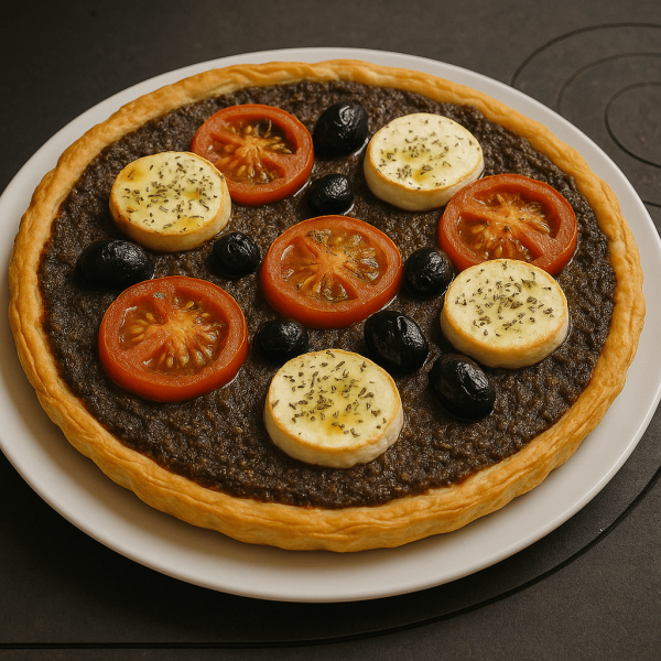 Tarte au caviar d'aubergine, tomate et fromage de chèvre